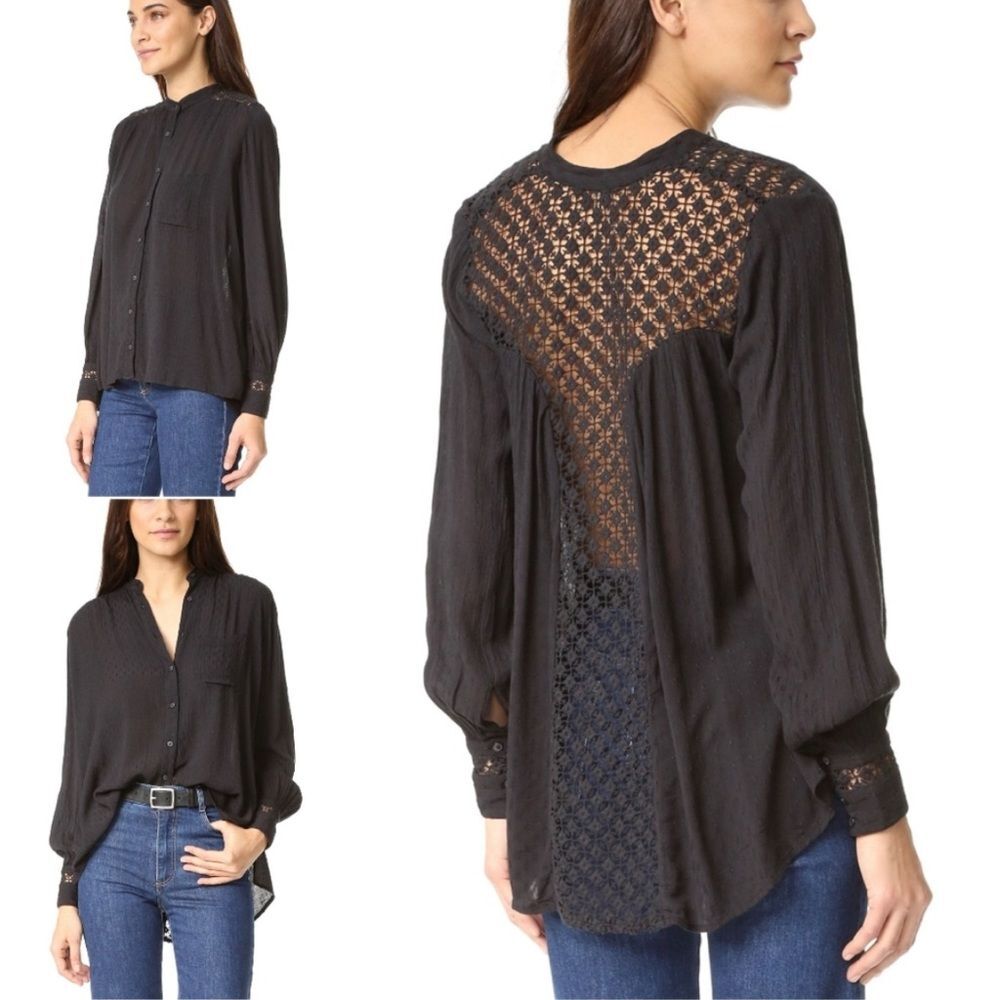 Free People Best Button Front Black Eyelet Blouse Women’s Size Small